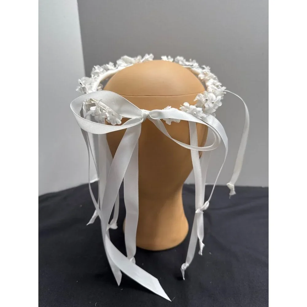 White Floral Halo Headband With Streamer Ribbons For Weddings & Special Occasion